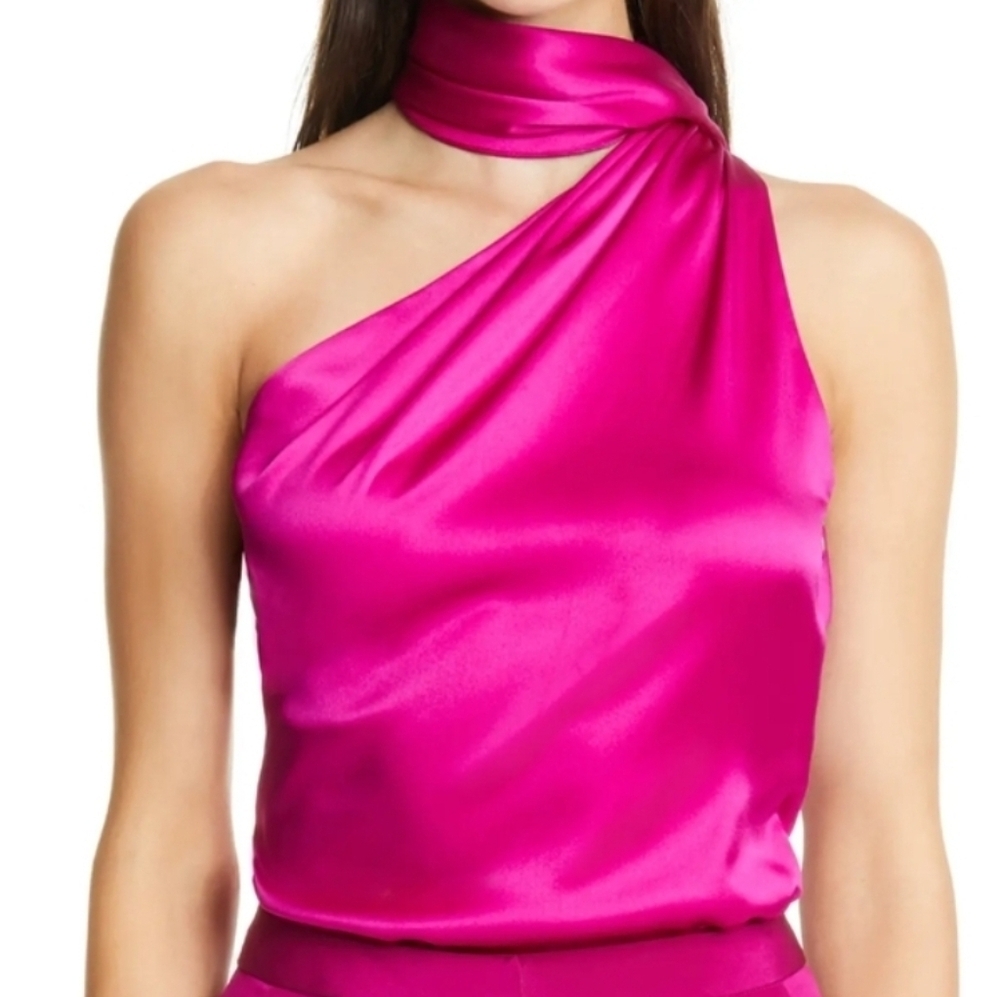 100% Silk Adam Lippes Fuchsia One-Shoulder Blouse
